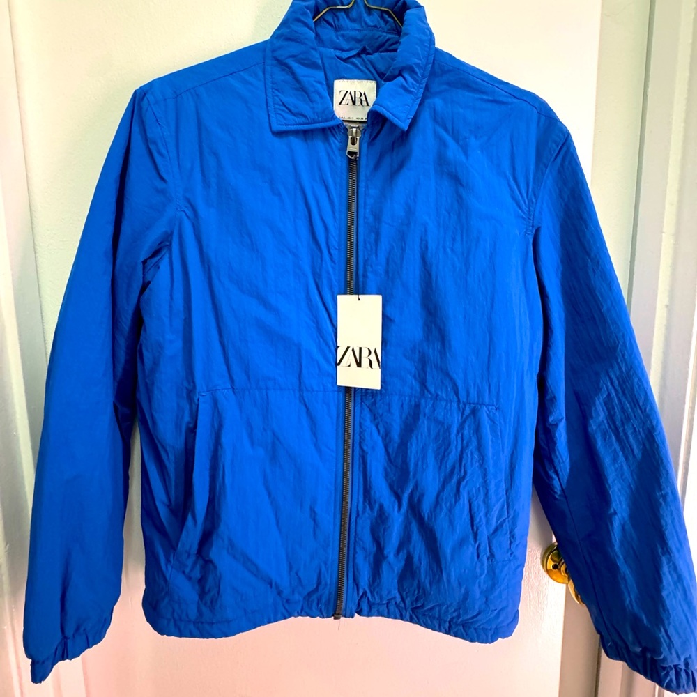 ZARA Blue Bomber Jacket Light Quilted Lined Collared Zip Up Mens - Small